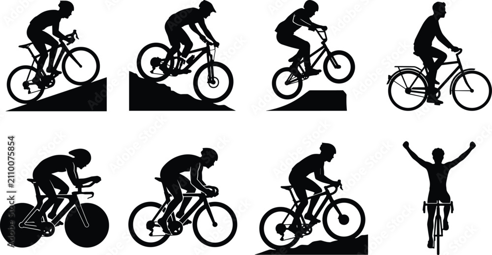 Obraz premium Cyclist Silhouette Collection with Road Mountain BMX and Racing Bicycle Action Poses Vector Set