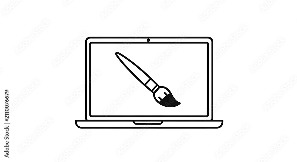 Obraz premium Flat line art illustration of a laptop with a paintbrush icon on the screen for digital art and design concepts