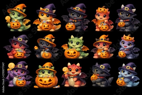 Cute Halloween Baby Dragon Collection with Witch Hats  Pumpkins and Candy Buckets Isolated on Transparent Background