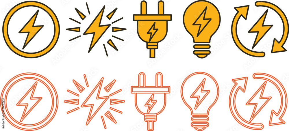 Fototapeta premium Electric Energy Icon Set with Power Lightning Plug Bulb Recharge Symbols in Outline and Filled Vector Styles