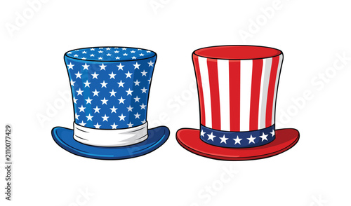 Set of two uncle sam hats, patriotic top hats with american flag stars and stripes pattern, vector