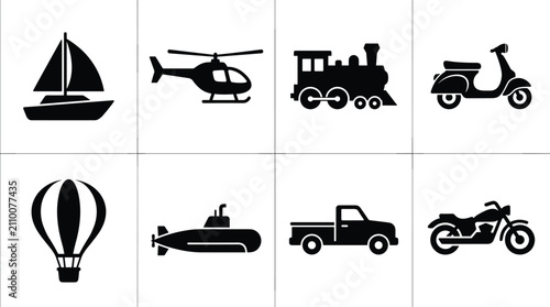 Cuadro en lienzo Transportation Vehicle Silhouette Icons Collection with Land Air Water and Rail