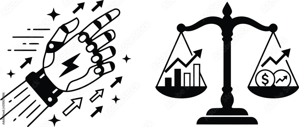 Fototapeta premium Robot arm and scale with financial graph