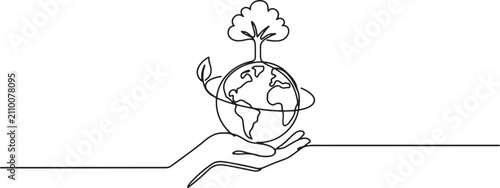 Continuous One Line Drawing of Hand Holding Earth Globe with Tree Save Environment Vector Illustration. One Line Icon Drawing