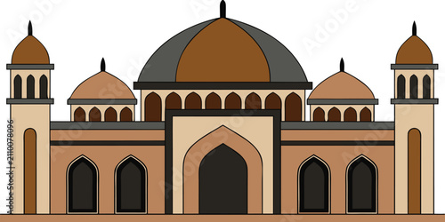 Foto Islamic mosque illustration with large central dome and symmetrical minarets in traditional architectural style