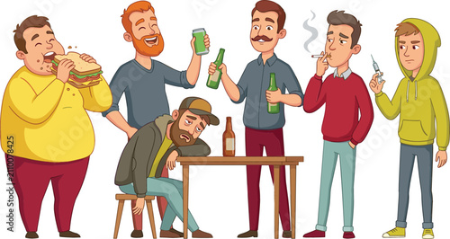 Cuadro en lienzo Group of men with bad habits alcohol addiction smoking overeating and drug subst