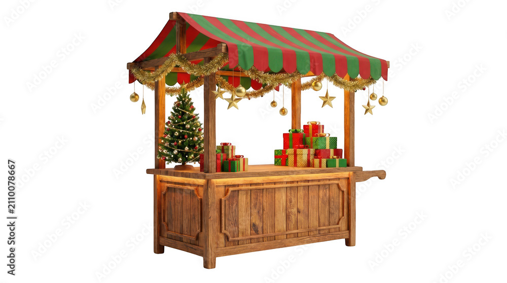 Fototapeta premium Christmas market stall with gifts and a small tree isolated on transparent background