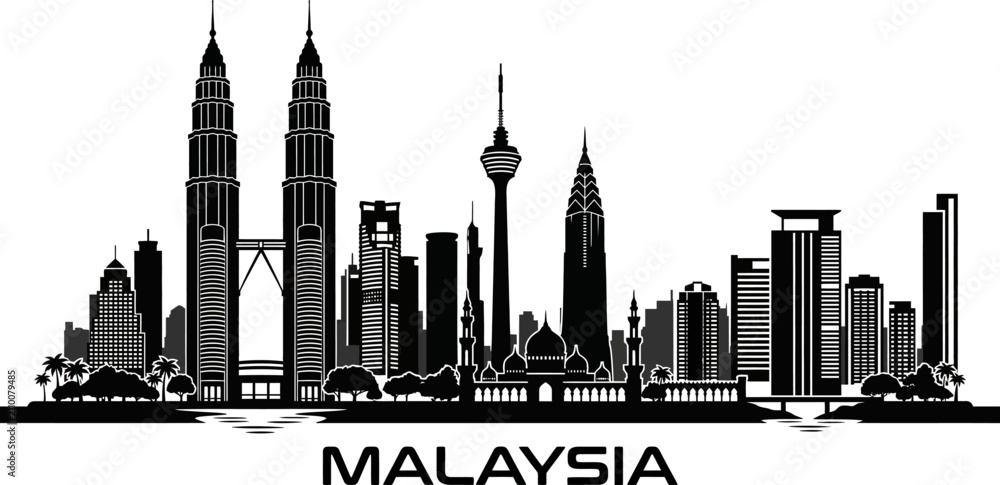 Obraz premium Detailed silhouette of the kuala lumpur city skyline featuring iconic buildings and landmarks against a soft gradient background
