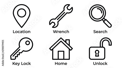 Set of simple black line icons including location pin, wrench tool, search magnifying glass, key, house home, and unlocked padlock symbol for website and mobile app interface design