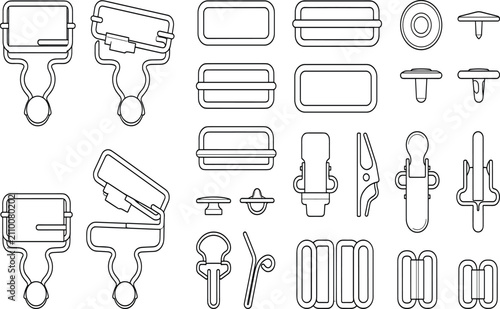 Garment hardware flat technical drawing set with overalls buckles snap buttons and adjusters