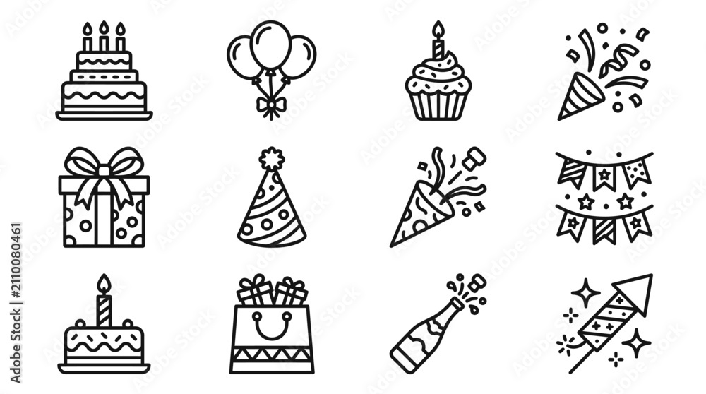 Fototapeta premium Birthday Celebration Icons Set: Cake, Balloons, Gift, Party Hat, Confetti, Cupcake