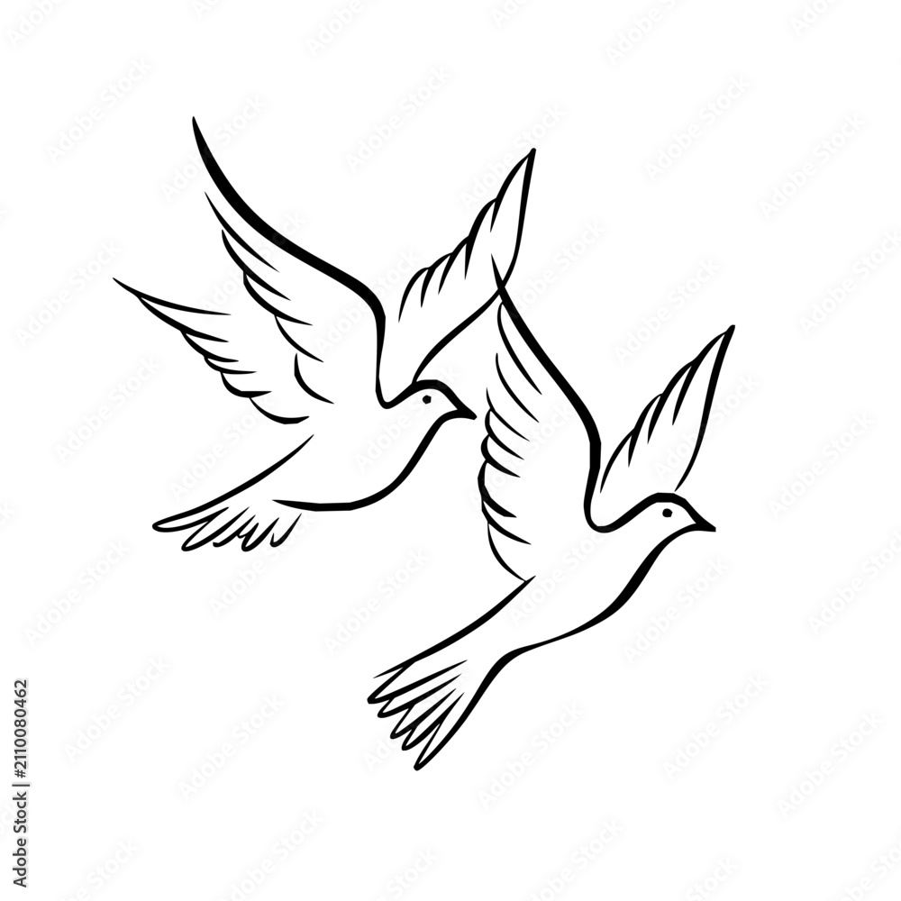 Obraz premium Minimalist line art illustration of two doves flying together as a symbol of peace