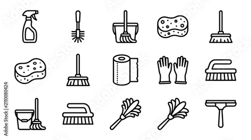 Cleaning supplies icons set, vector illustration of household cleaning tools for hygiene and tidiness
