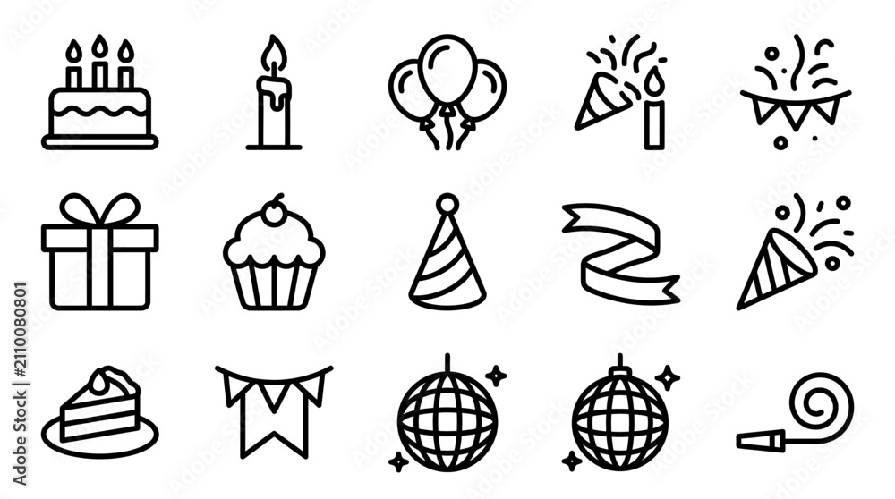 Fototapeta premium Birthday Party Icons Set: Cake, Balloons, Gifts, Confetti, Disco Ball