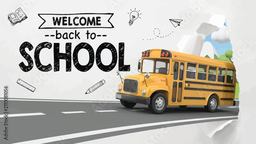 School bus jumping out from sketched paper, back to school concept