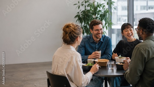 Colleagues sharing lunch in a modern office break room