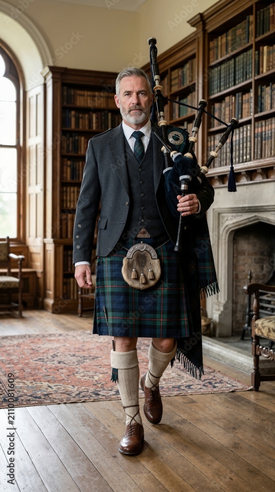Obraz premium Mature Scottish bagpiper in traditional green tartan kilt. Man holding bagpipes in a classic library room with bookshelves