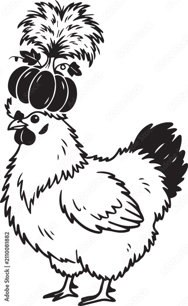 Fototapeta premium Line art chicken with pumpkin hat and feathers vector illustration for seasonal branding and autumn farm market design concepts.