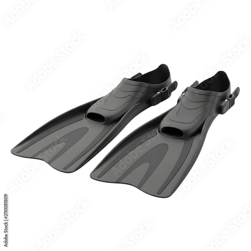 Black adjustable diving flippers isolated on transparent background for professional scuba diving.