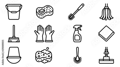Schilderij op canvas Cleaning Supplies Icons: Bucket, Mop, Sponge, Brush, Gloves, Spray Bottle, Cloth