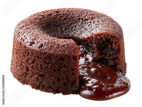 Molten lava cake with a soft chocolate shell and rich flowing chocolate center, isolated on a white background.