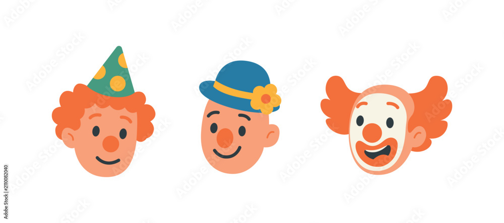 Obraz premium Three cartoon clown faces with colorful wigs and funny hats. Flat vector illustration of humorous performer heads with smiles and makeup