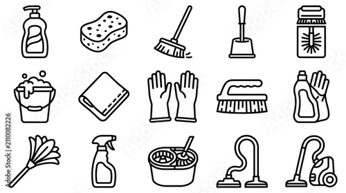 Schilderij op canvas Household Cleaning Supplies Icon Set: Tools for a Sparkling Clean Home