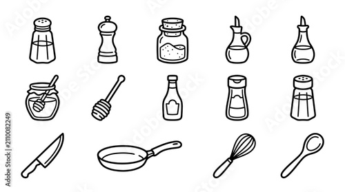 Foto Kitchen Utensils and Condiment Bottles Set - Doodle Style Icons
