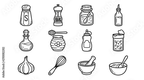 Fotografie Kitchen Utensils and Seasoning Containers - Hand-drawn Icons