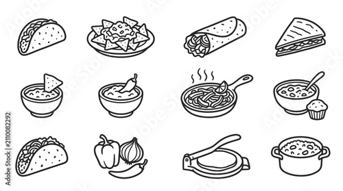 Bild auf Leinwand Mexican Food Icons: Tacos, Nachos, Burrito, Quesadilla, Guacamole, Chili, Fajita