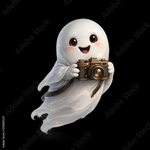 Cute Friendly Ghost Holding Vintage Camera Isolated on Transparent Background for Halloween Photography Concept