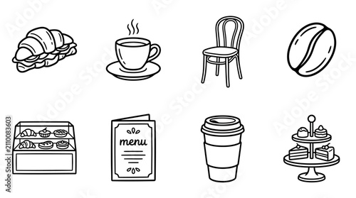 Quadro su tela Cafe Icons: Coffee, Croissant, Pastries, Chair, Menu, Display Case, Beans