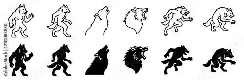 Photography Set of werewolf and wolf illustrations in various poses and styles including out