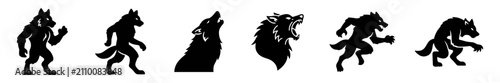 фотографія Set of black silhouettes of werewolves and wolves in various poses and actions o