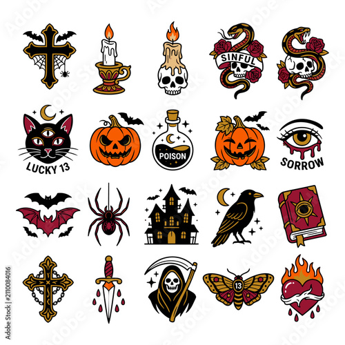 фотографія Collection of vintage traditional tattoo style Halloween and gothic icons and symbols