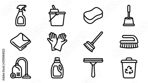 Schilderij op canvas Cleaning Supplies Icons Set: Sprayer, Bucket, Sponge, Toilet Brush, Cloth, Glove
