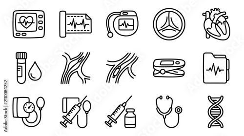 Foto Medical Icons: Heartbeat Monitor, ECG, Pacemaker, Heart, Blood Test, Veins, Syri