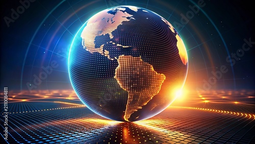 Digital planet earth illustration with north and south america continents designed with glowing dot matrix technology grid lines.
