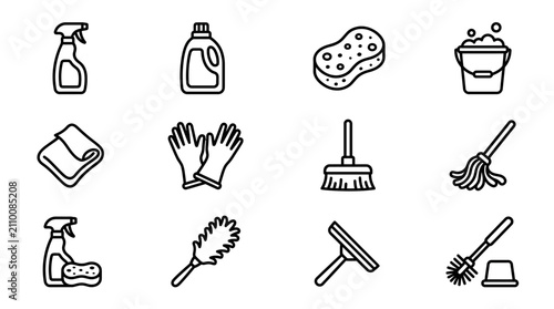 Schilderij op canvas Cleaning Supplies Icons Set: Spray Bottle, Sponge, Mop, Broom, Gloves, Brush, Bu
