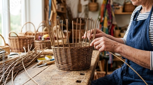 Senior woman weaving a traditional willow basket at a wooden workbench. Close up of hands crafting handmade wicker basketry in a workshop