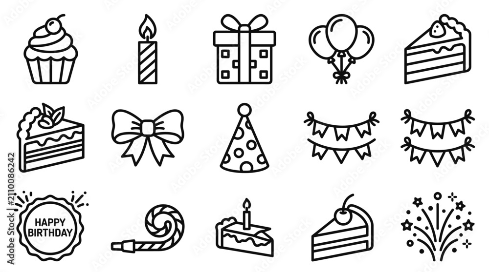 Fototapeta premium Birthday Party Icons: Cake, Balloons, Gift Box, Candle, Hat, Bunting, Fireworks