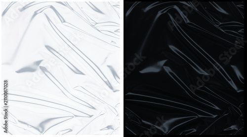 Konstfotografi Crumpled plastic wrap texture set, transparent cellophane overlay on black and w
