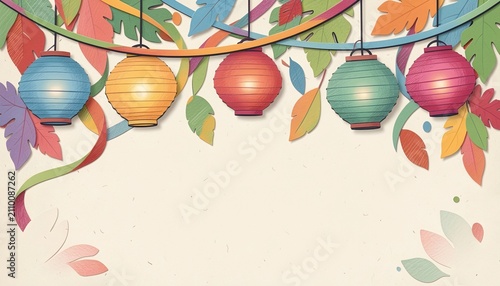 Festive Colorful Paper Lanterns and Leaves Garland Background with Copy Space