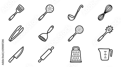 Photos Hand-drawn kitchen utensils icons: spatula, whisk, ladle, tongs, masher, grater,