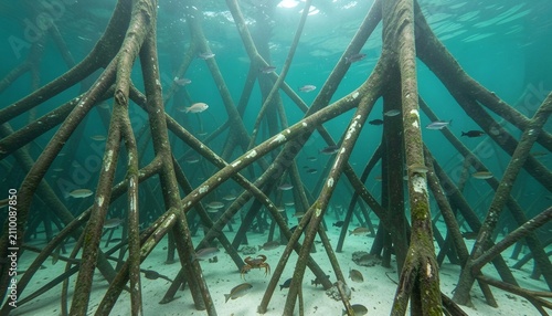 Underwater View of Mangrove Tree Roots Ecosystem with Small Fish and Crab Background