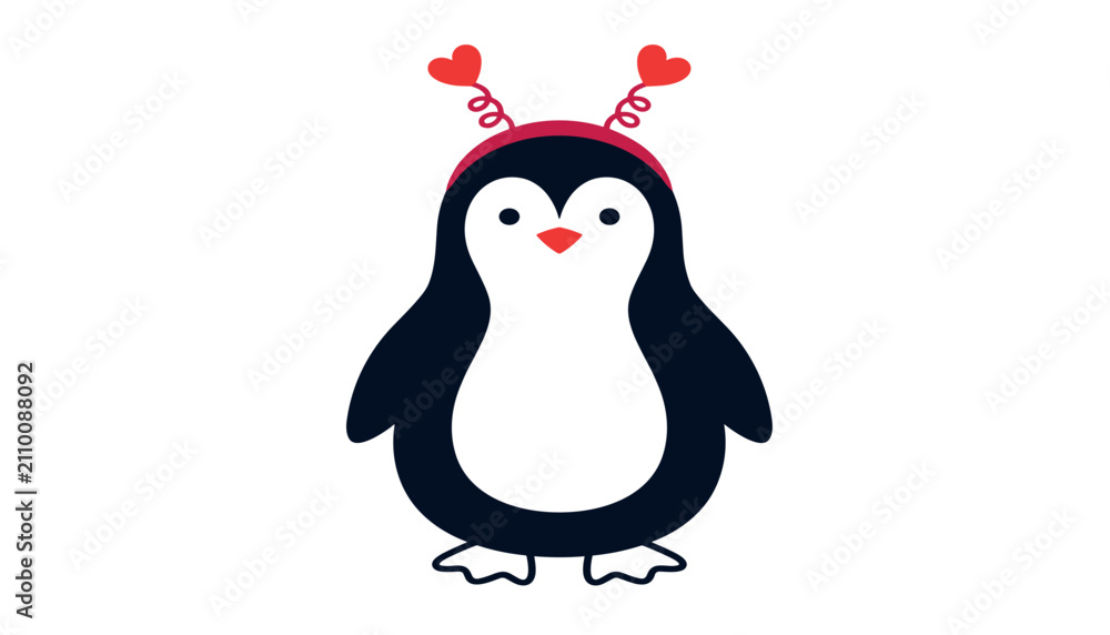 Fototapeta premium Cute penguin character wearing heart headband vector illustration for Valentines Day greeting cards romantic prints or kids nursery design,