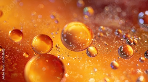 Abstract Oil Droplets on Orange Water, Abstract image of colorful oil droplets floating on a vibrant orange water surface