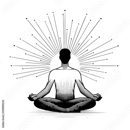 Silhouette of a person meditating in lotus position with spiritual energy rays emanating from head