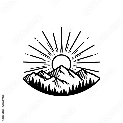 Engraved style illustration of a mountain range with pine forest and a rising sun with rays