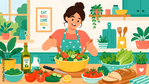 Foto Woman smiles while mixing fresh salad in a bright kitchen
